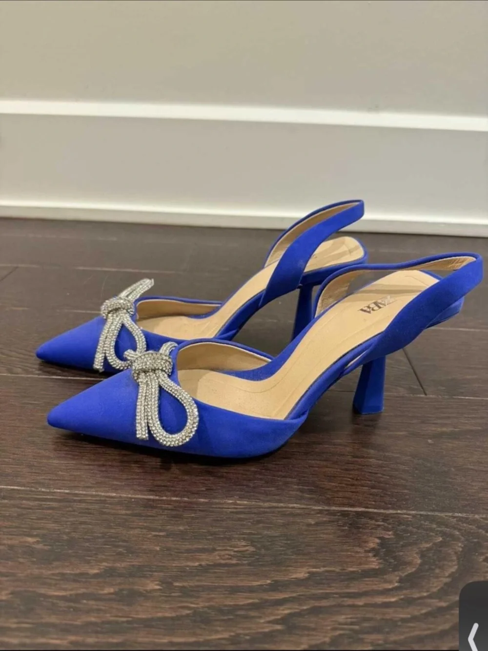 Zara Cobalt Blue Pointed Slingback Heels with Crystal Bow Accent - Picture 3 of 4